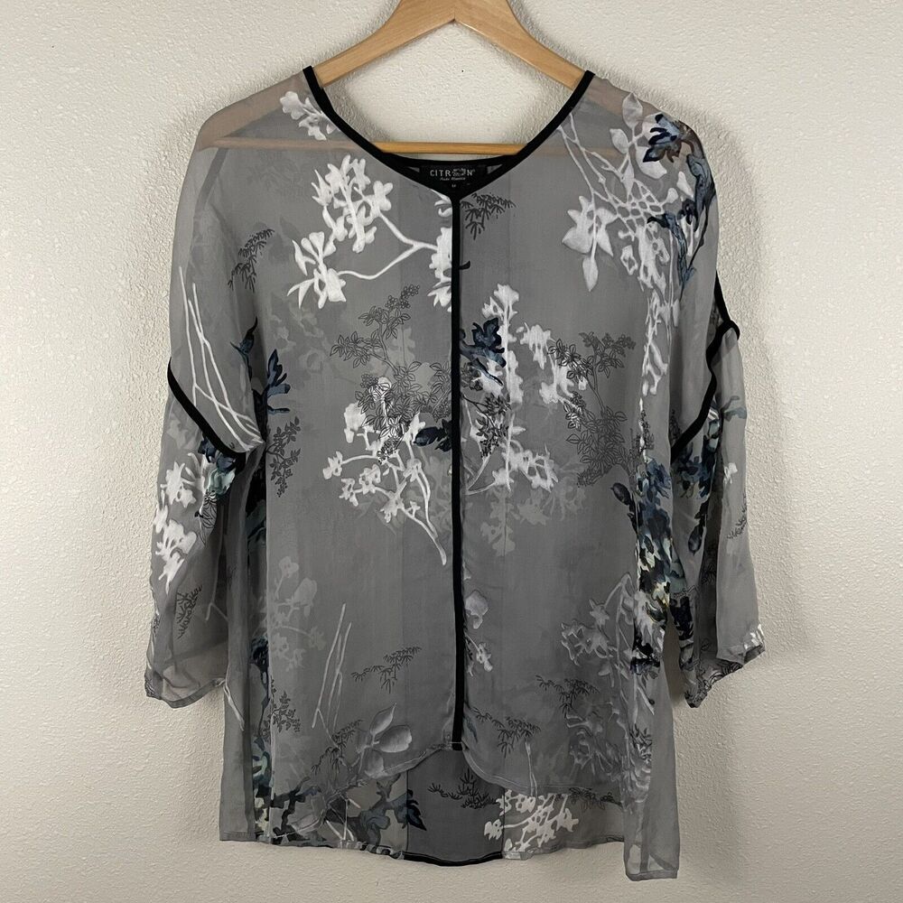 Citron Santa Monica Womens Medium Gray Sheer Silk Blend Floral Print Blouse